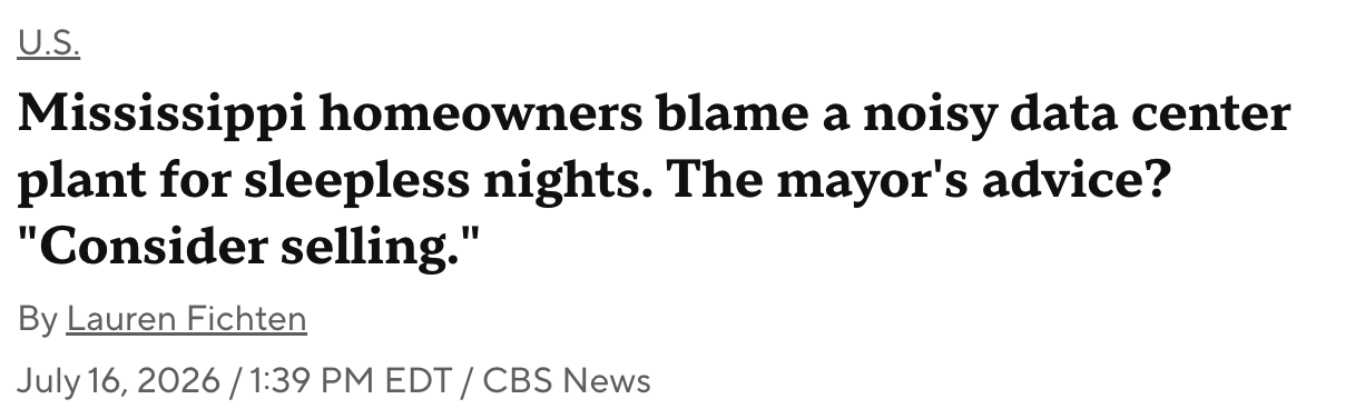 CBS News: Mississippi homeowners blame a noisy data center plant for sleepless nights; the mayor&rsquo;s advice: consider selling