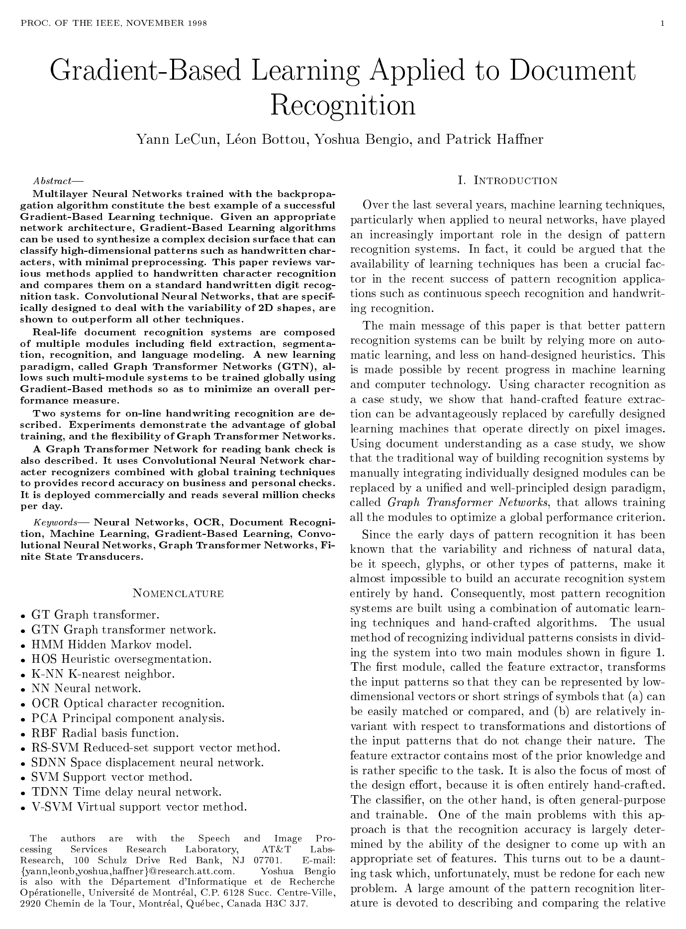 First page of Gradient-Based Learning Applied to Document Recognition, LeCun, Bottou, Bengio and Haffner, 1998